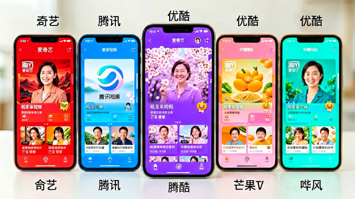 屏幕里并排展示了六个视频平台的首页界面，樱花视频位于中间位置，紫色的品牌主色调与周围爱优腾芒的红色蓝色形成明显区分，便于直观比较各平台的设计风格差异