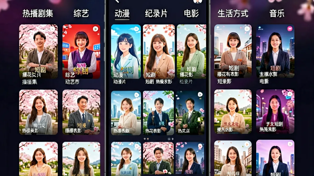 樱花视频App主界面一览，首页以深色主题展示剧集、综艺、动漫、短剧、纪录片等多个内容分类入口，每个分类配有精美的封面图和分类名称标签