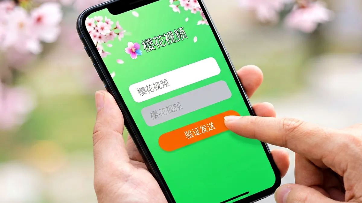 智能手机屏幕上呈现樱花视频的安装向导界面，绿色主题背景下显示手机号输入框与验证码输入区域，手指正要点击确认按钮