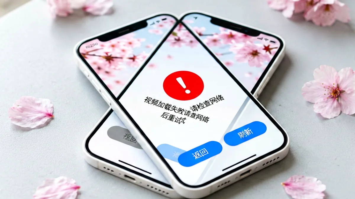 手机屏幕上显示樱花视频APP的错误提示界面，红色感叹号图标旁边写着「视频加载失败，请检查网络后重试」，屏幕底部可见返回按钮和刷新按钮，背景为浅灰色
